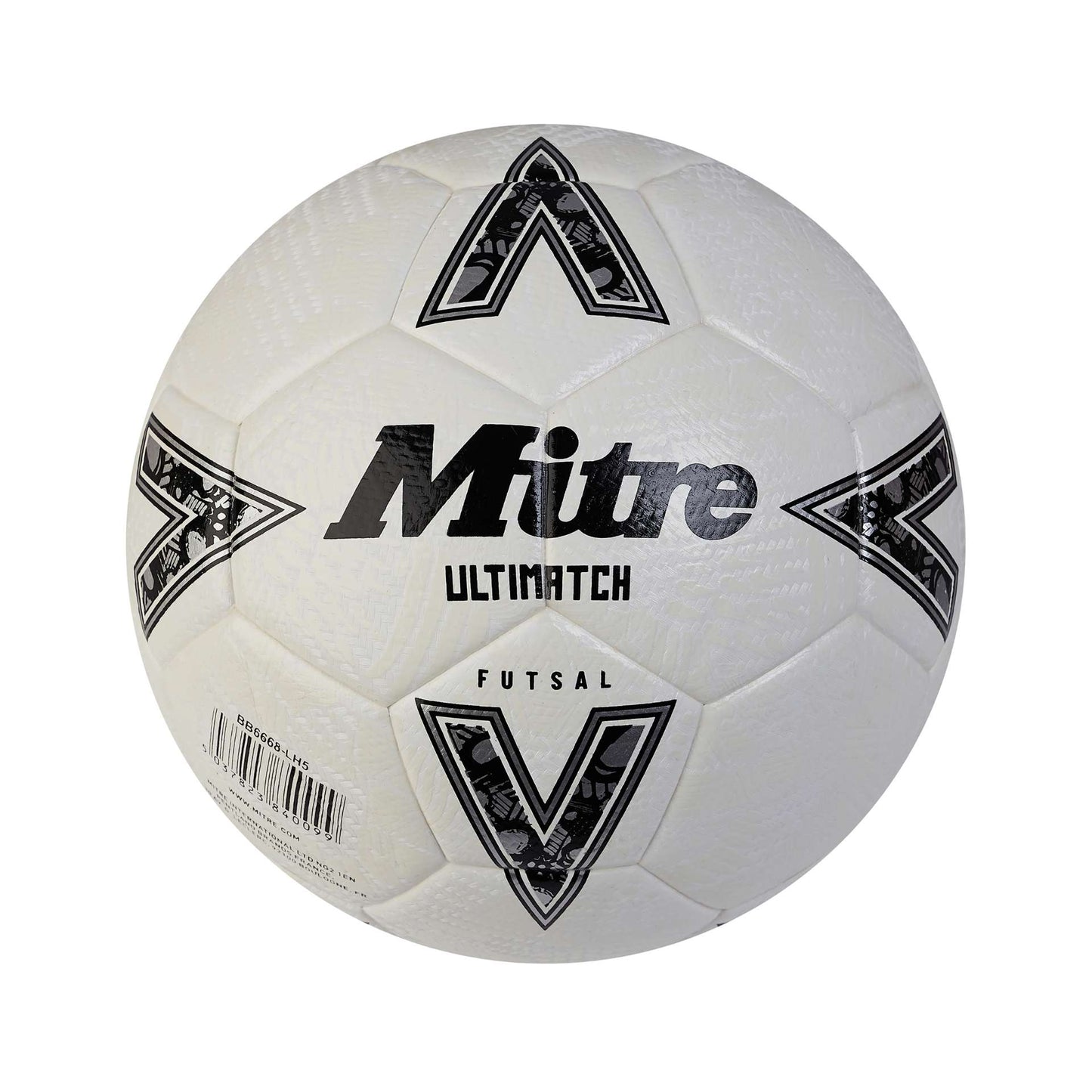 Mitre Ultimatch Futsal Ball with colorful geometric design, showing the textured surface and brand logo.