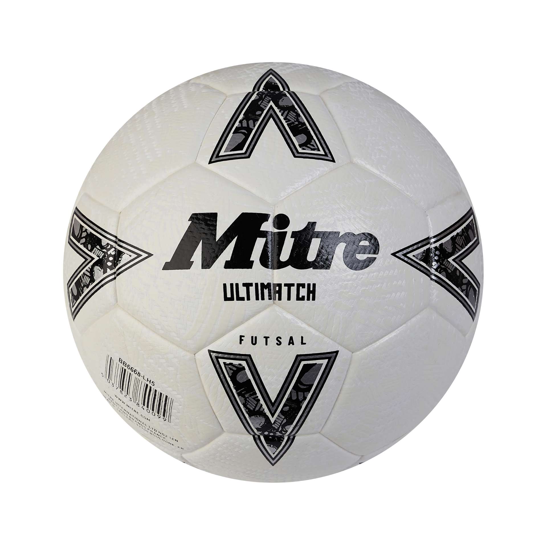 Mitre Ultimatch Futsal Ball with blue and white panel design, sports equipment for indoor futsal games.