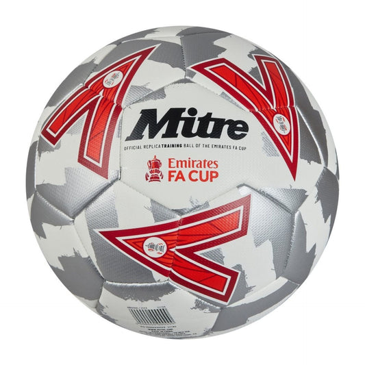 Mitre FA Cup training football for 2024-2025 season, featuring white and black design, sporting goods, brand logo visible.