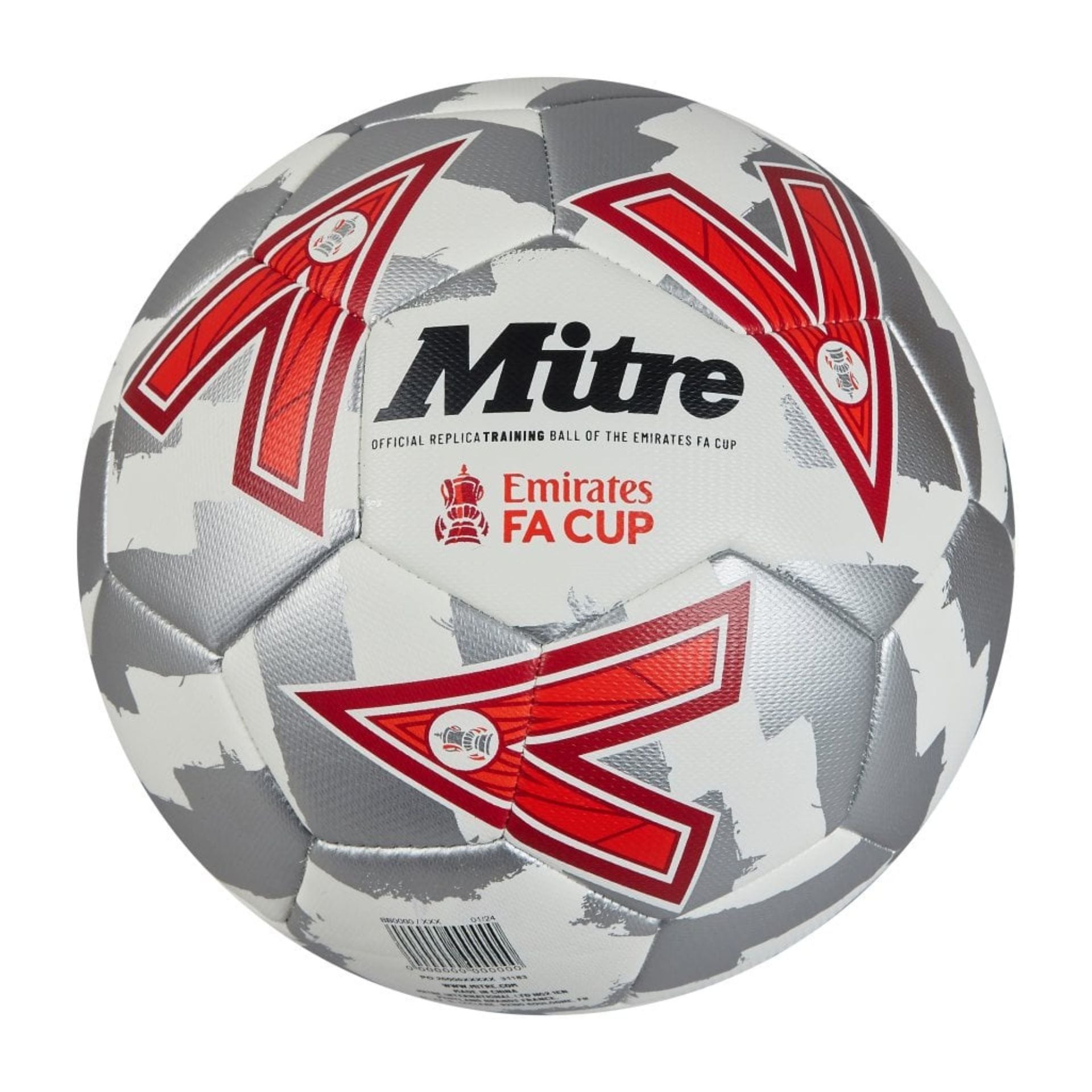 Mitre FA Cup training football for 2024-2025 season, featuring white and black design, sporting goods, brand logo visible.
