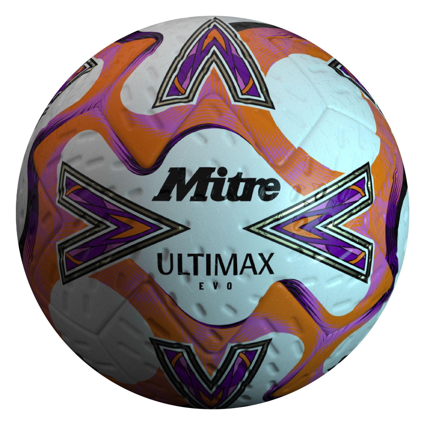 Mitre Ultimax Evo football resting on a grass field, showcasing its durable synthetic cover and official size for sporting goods use.