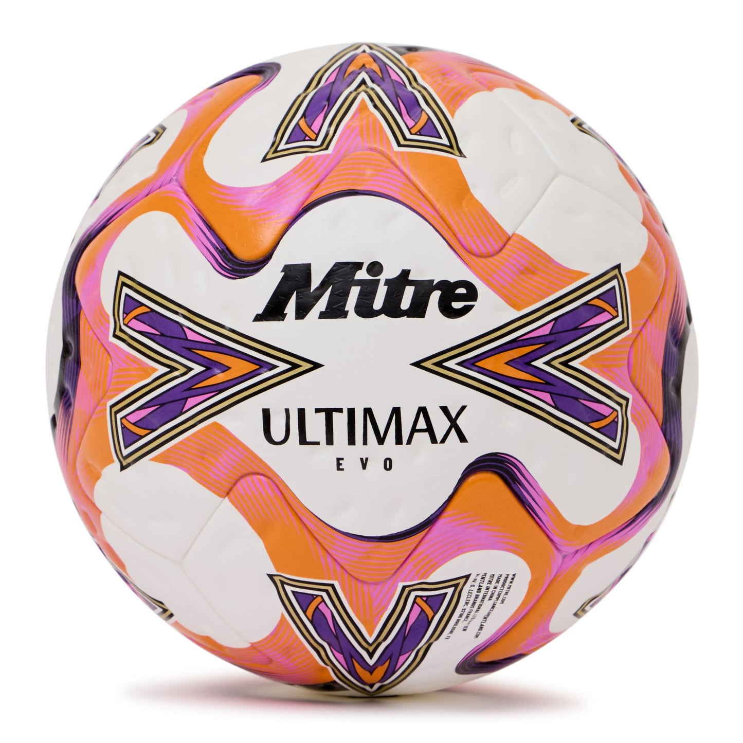 Mitre Ultimax Evo football for sporting goods, featuring a durable design and official size for soccer games.