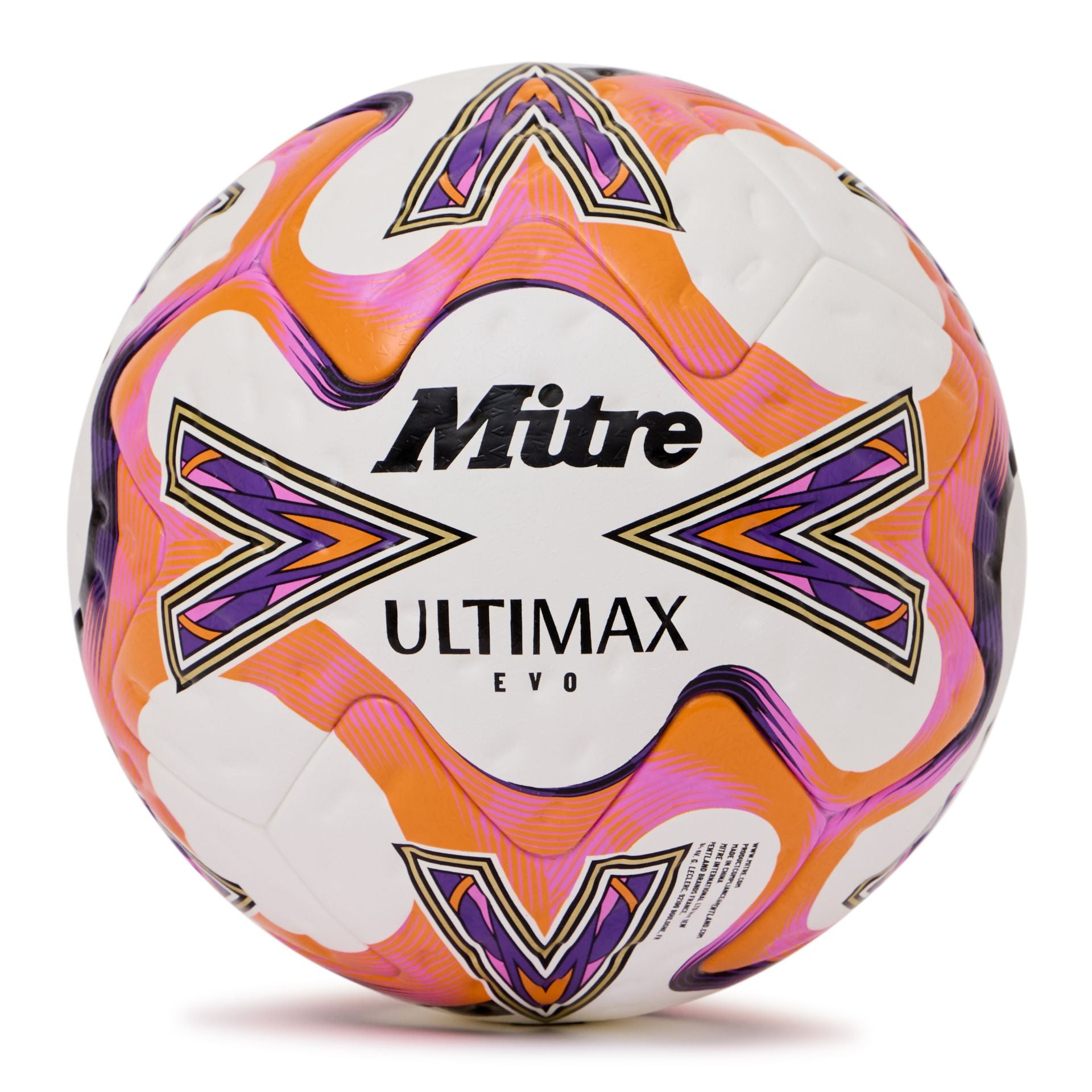 Mitre Ultimax Evo football for sporting goods, featuring a durable design and official size for soccer games.