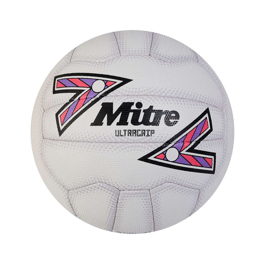 Mitre Ultragrip Netball for sporting goods, featuring a textured surface and official size, designed for outdoor use.