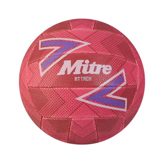 Mitre Attack netball training ball for sporting goods, showing the ball with brand logo and textured surface for grip.