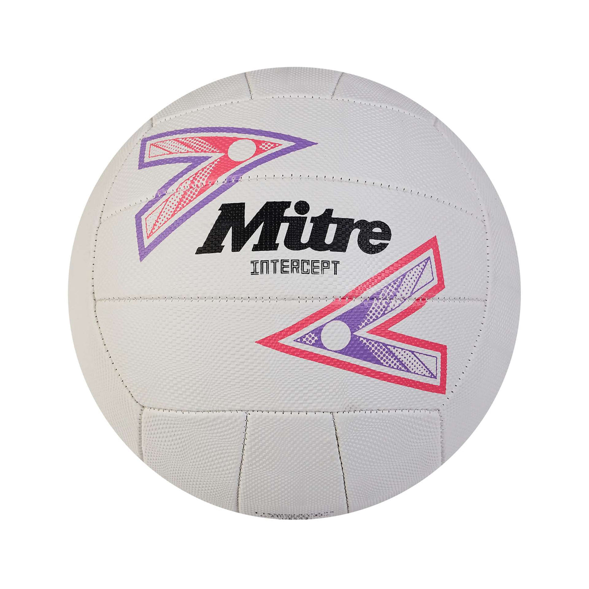 Mitre Intercept Netball in white with black and yellow accents, designed for indoor and outdoor netball games.