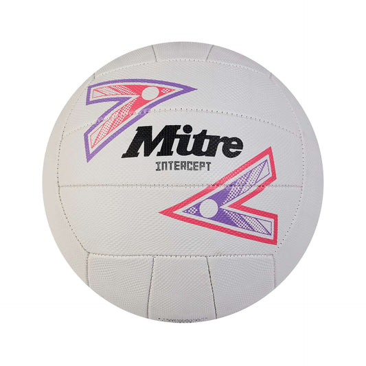 Mitre Intercept Netball in white with black and yellow accents, designed for indoor and outdoor netball games.