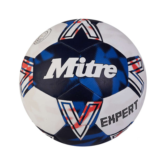 Mitre Expert Handball in blue and white for sporting goods, showing the textured surface and brand logo.