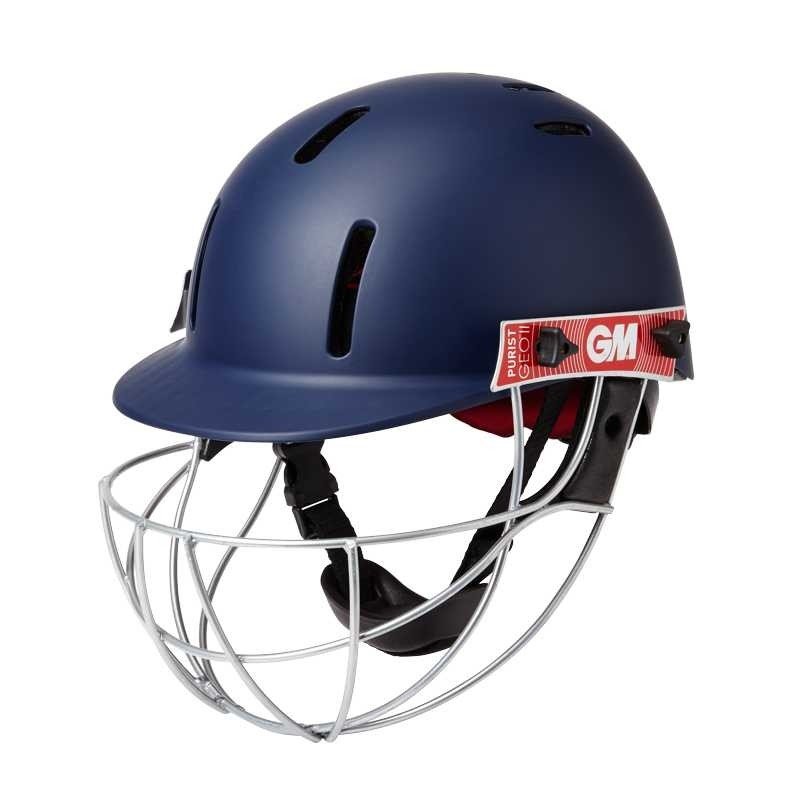 Junior Gunn and Moore GM Purist Geo II cricket helmet with protective grille and adjustable strap for junior players.