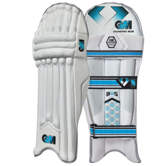 Gunn and Moore GM Diamond 606 cricket batting pads with protective shin guards and adjustable straps for enhanced safety.
