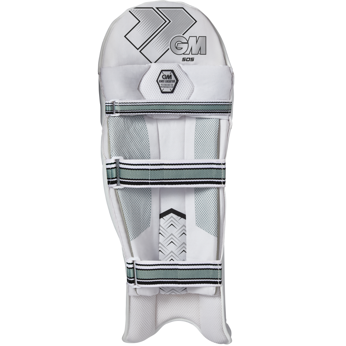 Gunn & Moore GM Cricket 505 batting pads shown from the back with adjustable straps and protective padding for cricket players