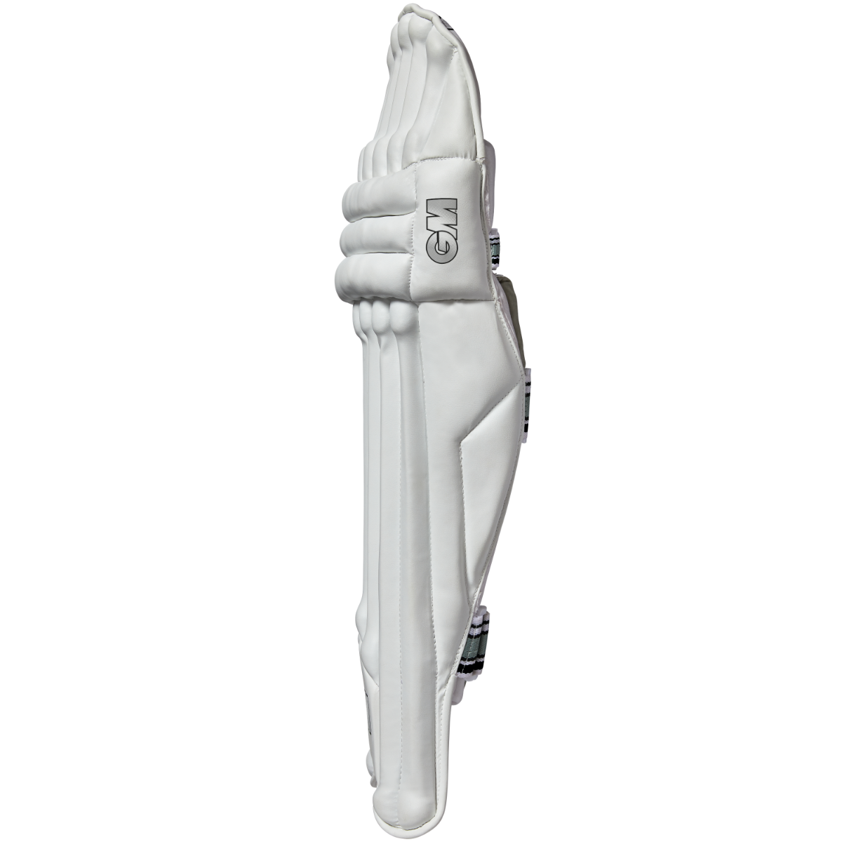 Gunn & Moore GM Cricket 505 batting pads showing side profile with protective padding and adjustable straps for cricket players.