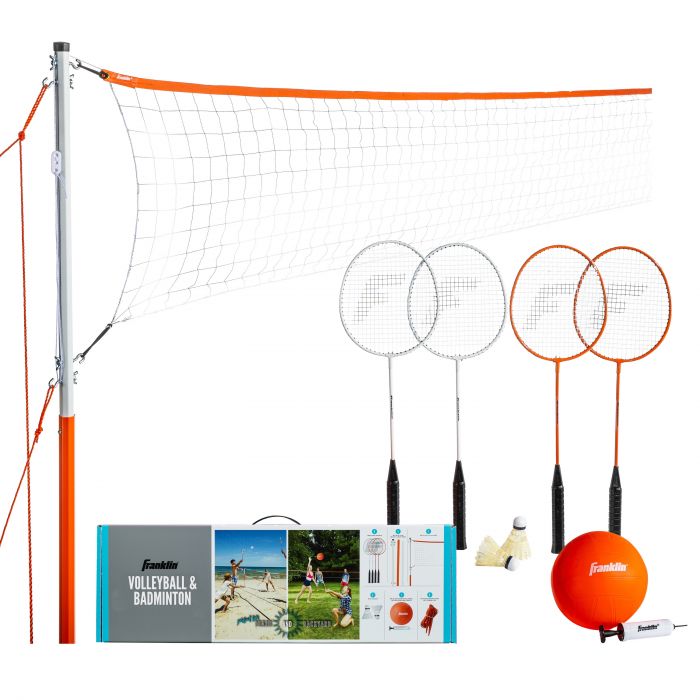 Franklin Sports badminton and volleyball combo set with rackets and shuttlecocks on a table, suitable for outdoor sports activities