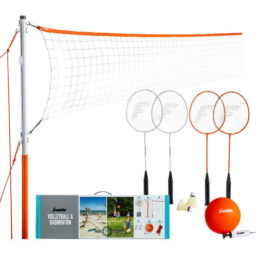 Franklin Sports badminton and volleyball combo set with rackets and shuttlecocks on a table, suitable for outdoor sports activities
