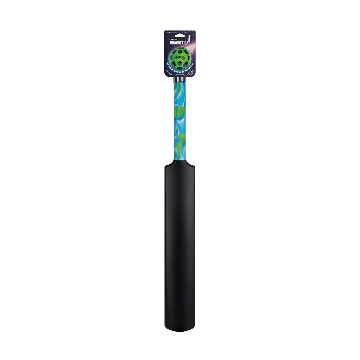 Waboba Mini Cracket Bat Set with Moon Ball, sporting goods, includes small plastic bat and moon-shaped ball on a plain background.