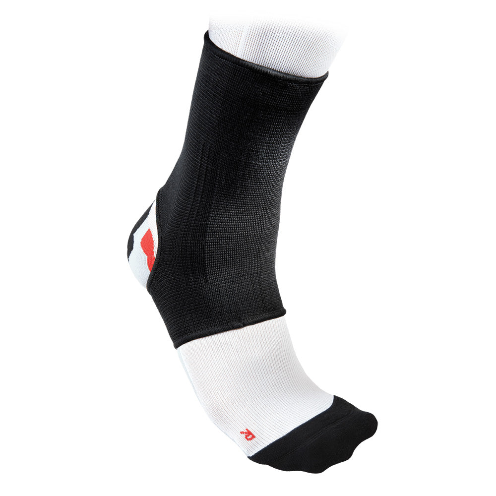 Black McDavid 2-Way Elastic Ankle Sleeve showing breathable fabric and adjustable straps for support and compression.