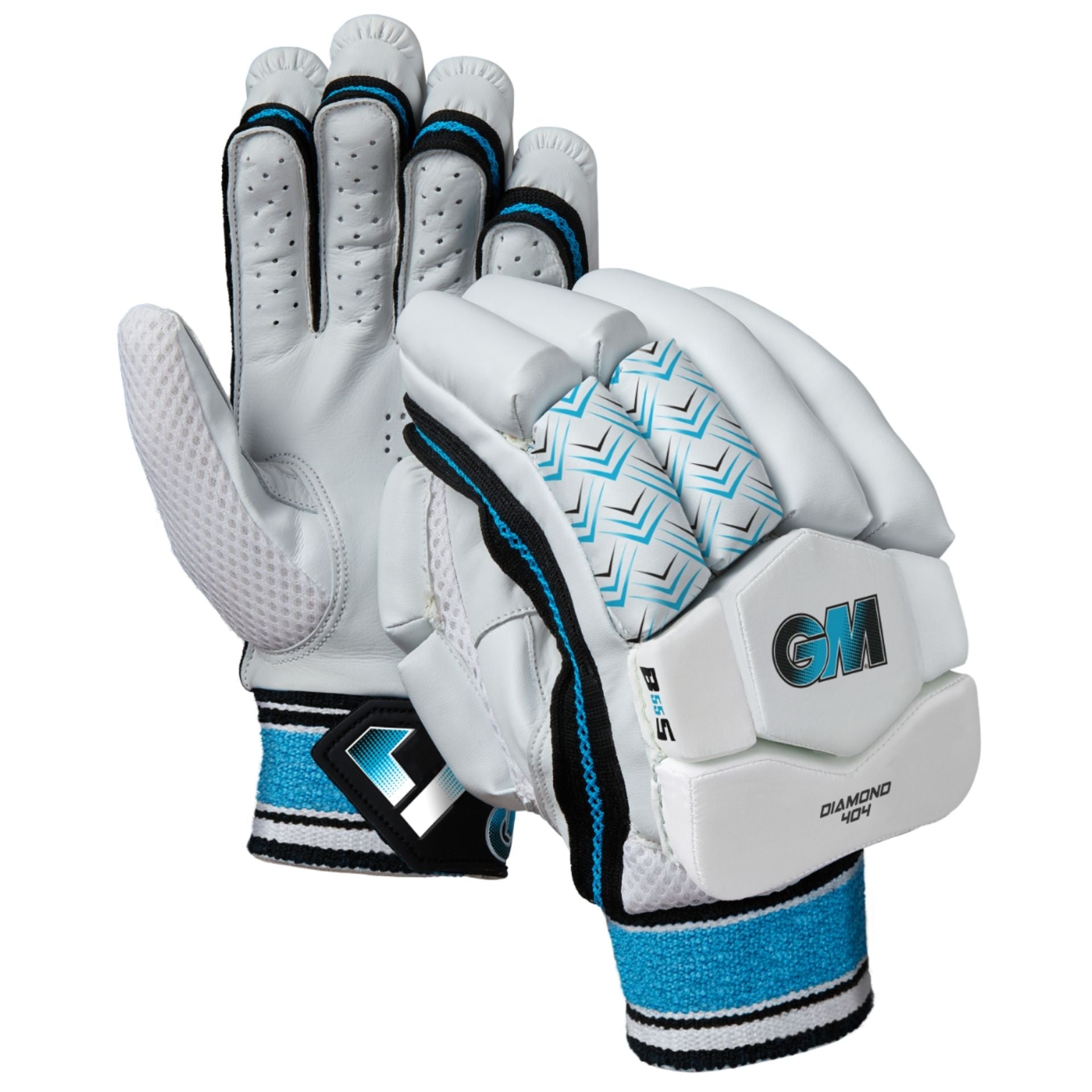 Gunn and Moore GM Diamond 404 batting gloves with padded palms and adjustable wrist straps for cricket batting protection.