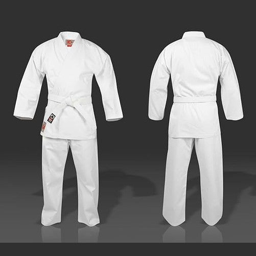 White Deshi adult karate gi by Angry Ape, 8oz 100% cotton karate suit with matching white belt, suitable for training and competitions