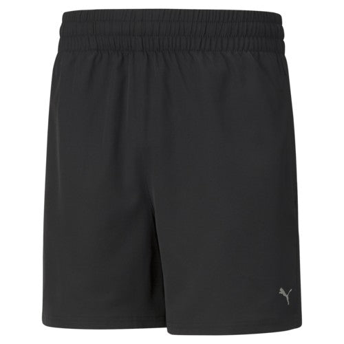 Puma Performance Woven 5-inch athletic shorts in black with white Puma logo, lightweight and breathable for sports activities.