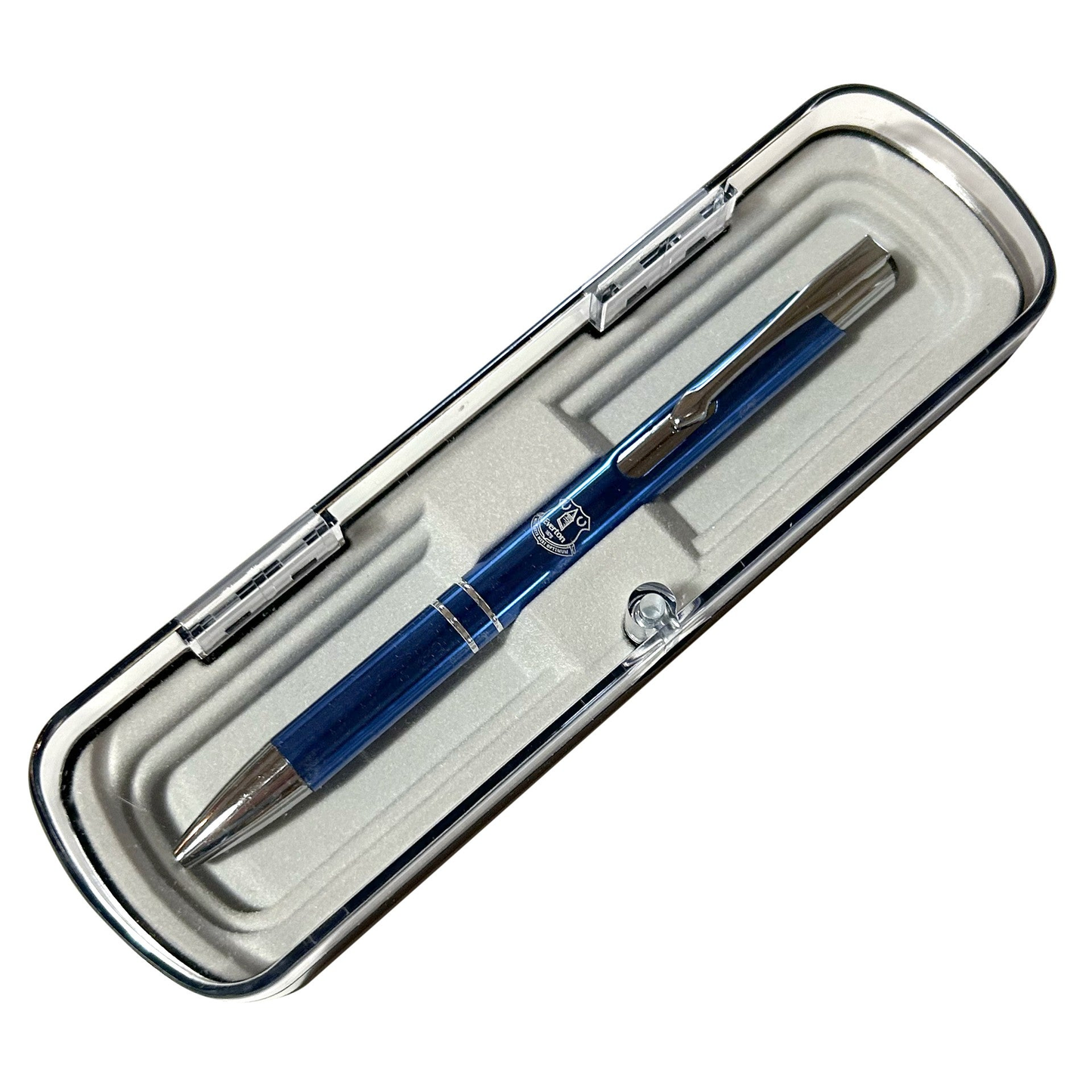 Team Merchandise satin blue ballpoint pen with gift box, sporting goods accessory, featuring sleek design and branded logo.