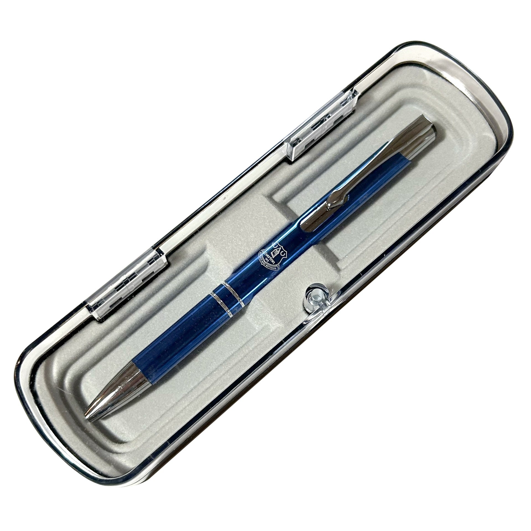 Team Merchandise satin blue ballpoint pen with gift box, sporting goods accessory for fans and collectors.