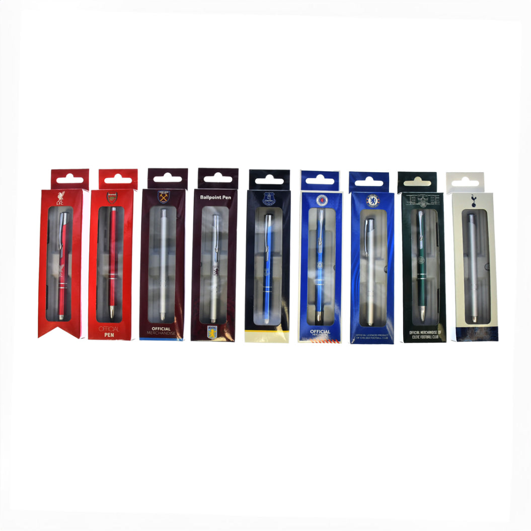 Team Merchandise satin blue ballpoint pen with gift box, sporting goods accessory, featuring sleek design and branded logo.