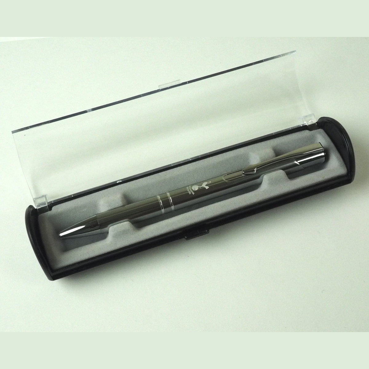 Team Merchandise satin blue ballpoint pen with gift box, sporting goods accessory for writing and gifting.