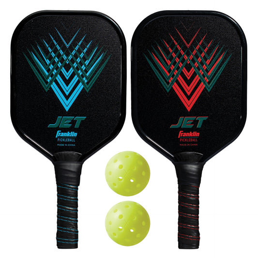 Franklin Sports Jet aluminum pickleball paddle set with two paddles and two balls on a sporting goods background.