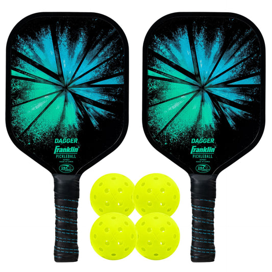 Franklin Dagger 2-player pickleball paddle and ball set for outdoor sports, featuring two paddles and a pickleball in a sporting goods image.