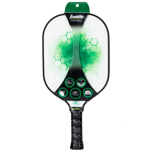 Franklin Sports Pilot Pickleball Paddle with black and green design, featuring a smooth surface and ergonomic handle.