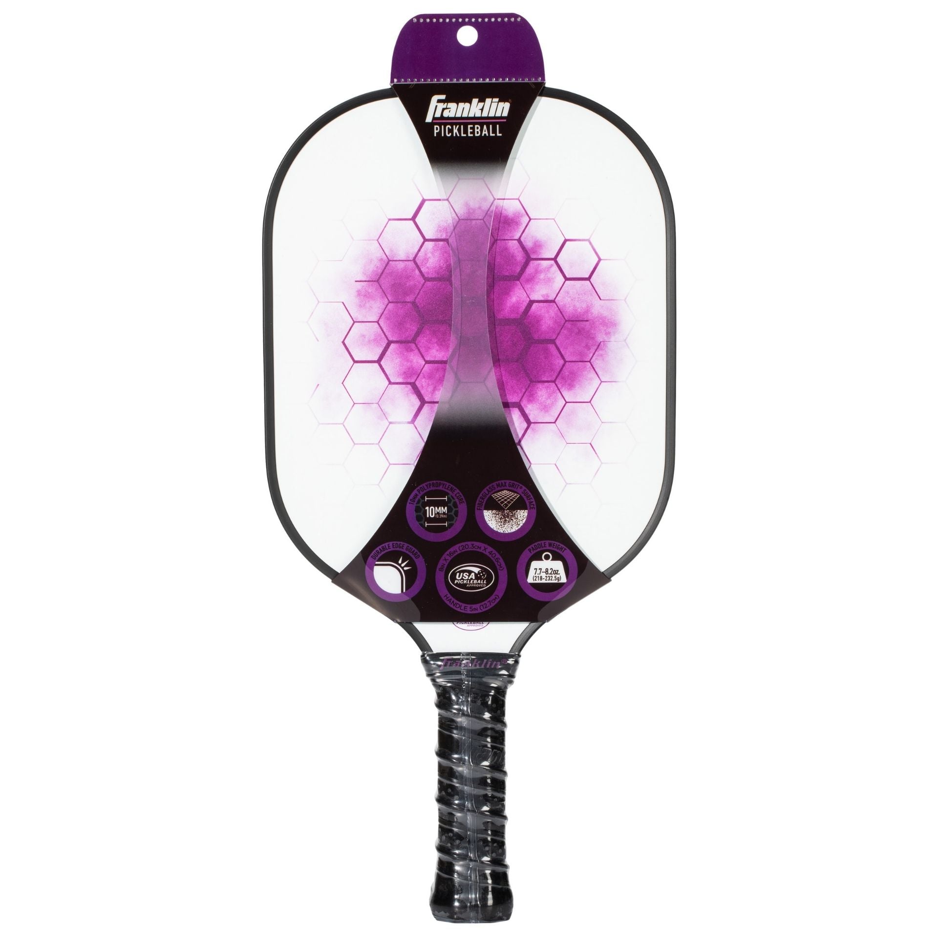 Franklin Sports Pilot Pickleball Paddle with black and white design, lightweight construction, and ergonomic handle for recreational play.