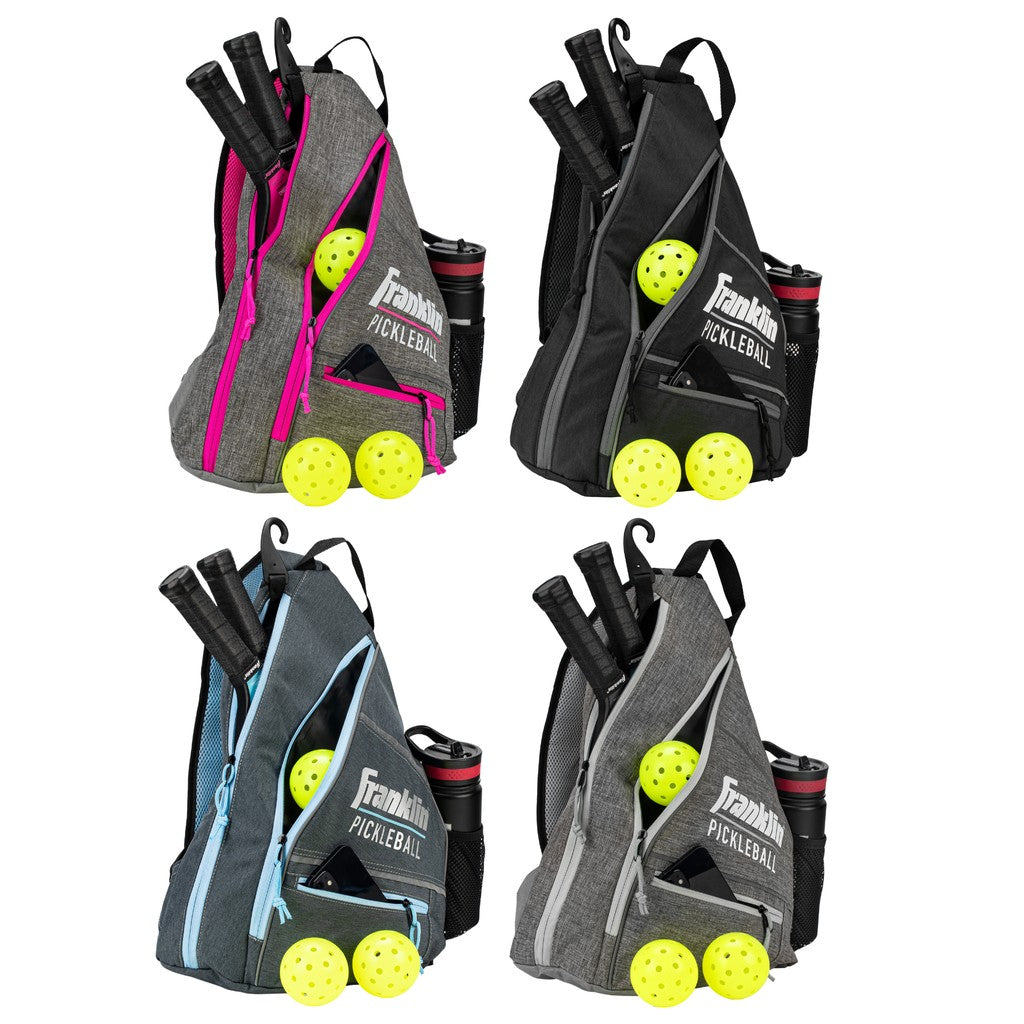 Franklin pickleball sling bag in black with adjustable strap, designed for carrying pickleball paddles and accessories.