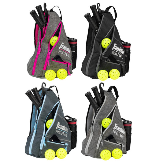 Franklin pickleball sling bag in black with adjustable strap, designed for carrying pickleball paddles and accessories.