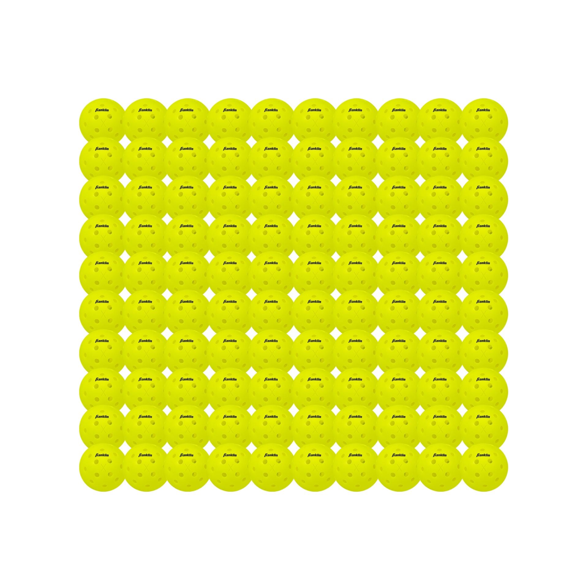 Franklin X-40 outdoor pickleballs in a pack of 100, designed for outdoor pickleball games, with bright yellow color and durable construction.