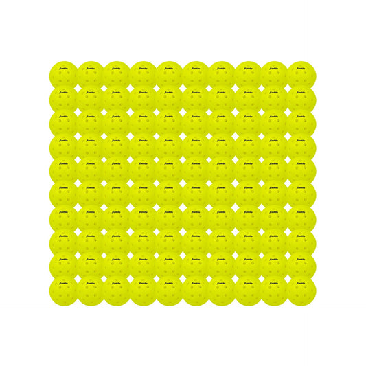 Franklin X-40 outdoor pickleballs in a pack of 100, designed for outdoor pickleball games, with bright yellow color and durable construction.