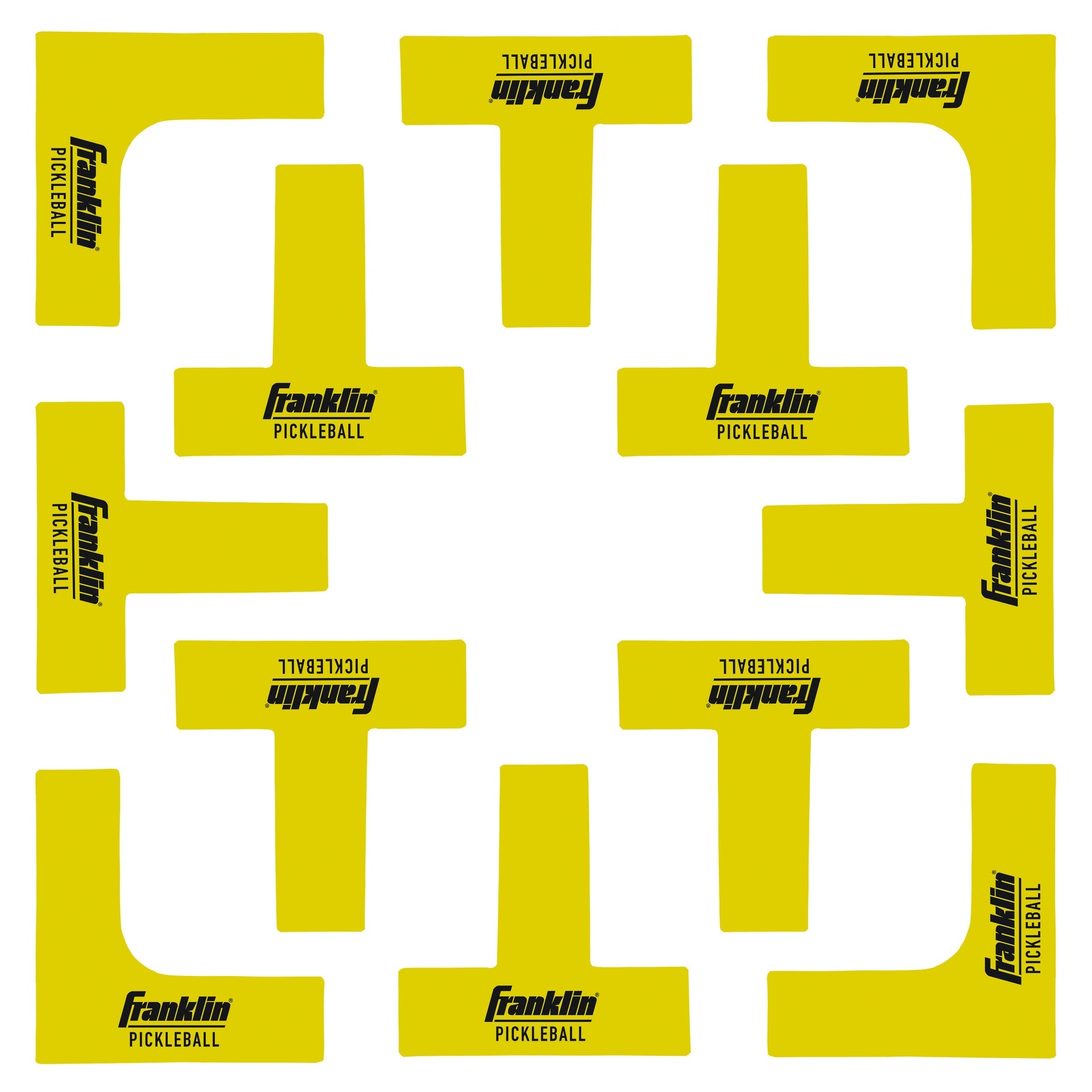 Franklin Sports pickleball court marker kit with yellow boundary lines and accessories for outdoor pickleball games.