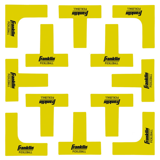 Franklin Sports pickleball court marker kit with yellow boundary lines and accessories for outdoor pickleball games.