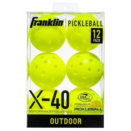 Yellow Franklin X-40 outdoor pickleball balls with bright surface and branding, designed for outdoor pickleball games.