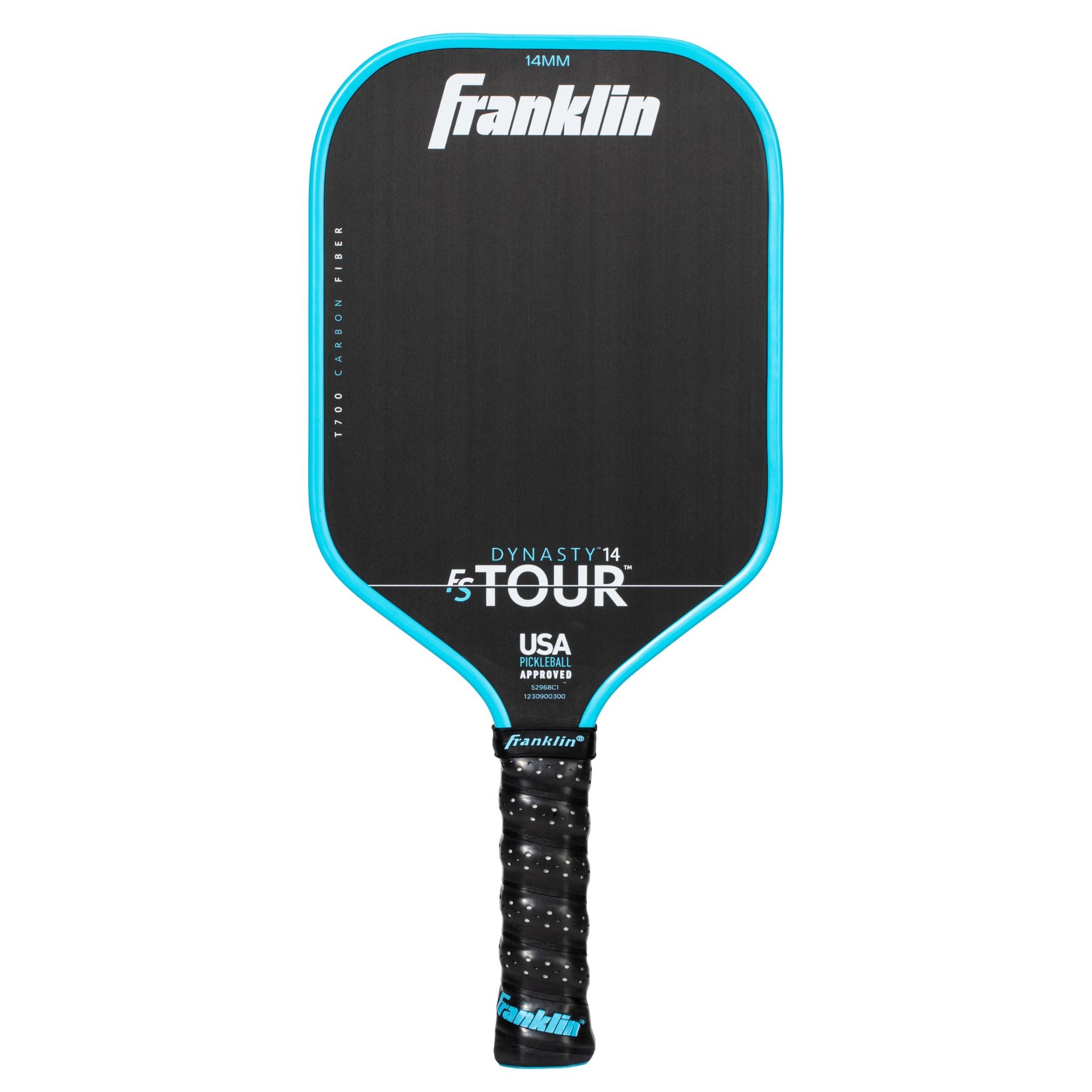 Franklin FS Tour Dynasty pickleball paddle with black and white design, sporting grip and logo on a plain background.