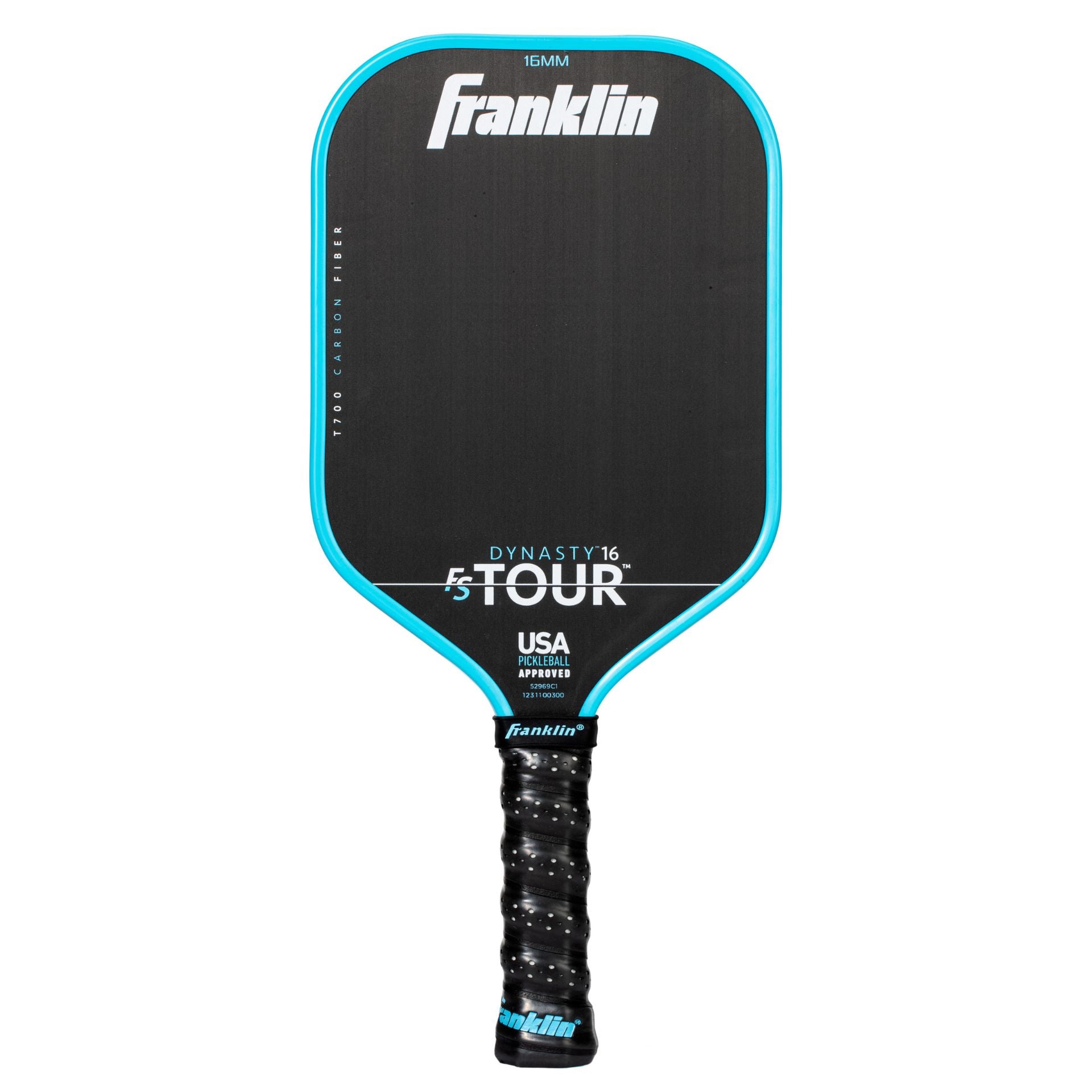 Franklin FS Tour Dynasty pickleball paddle with a sleek design, showing the paddle's face and handle for sporting goods use.