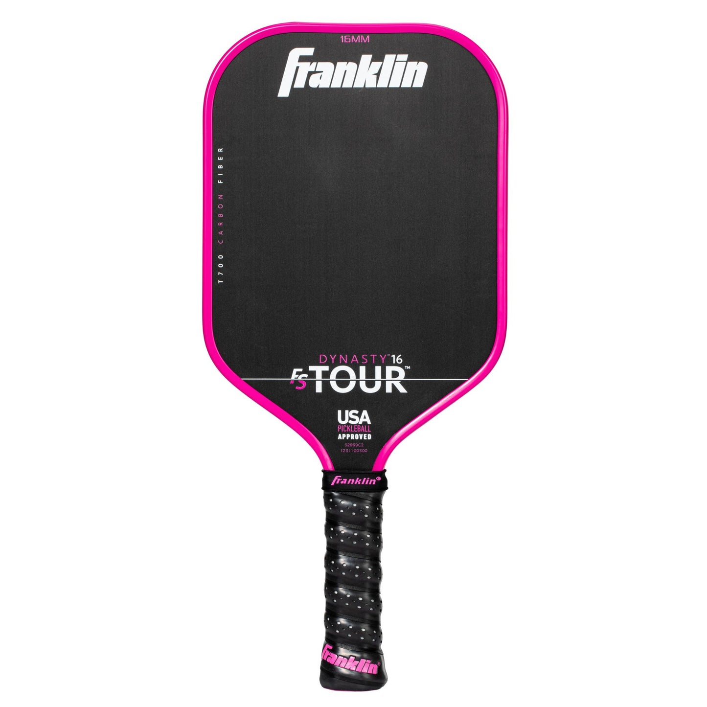 Franklin FS Tour Dynasty pickleball paddle with black and yellow design, sport grip, and logo on a white background.