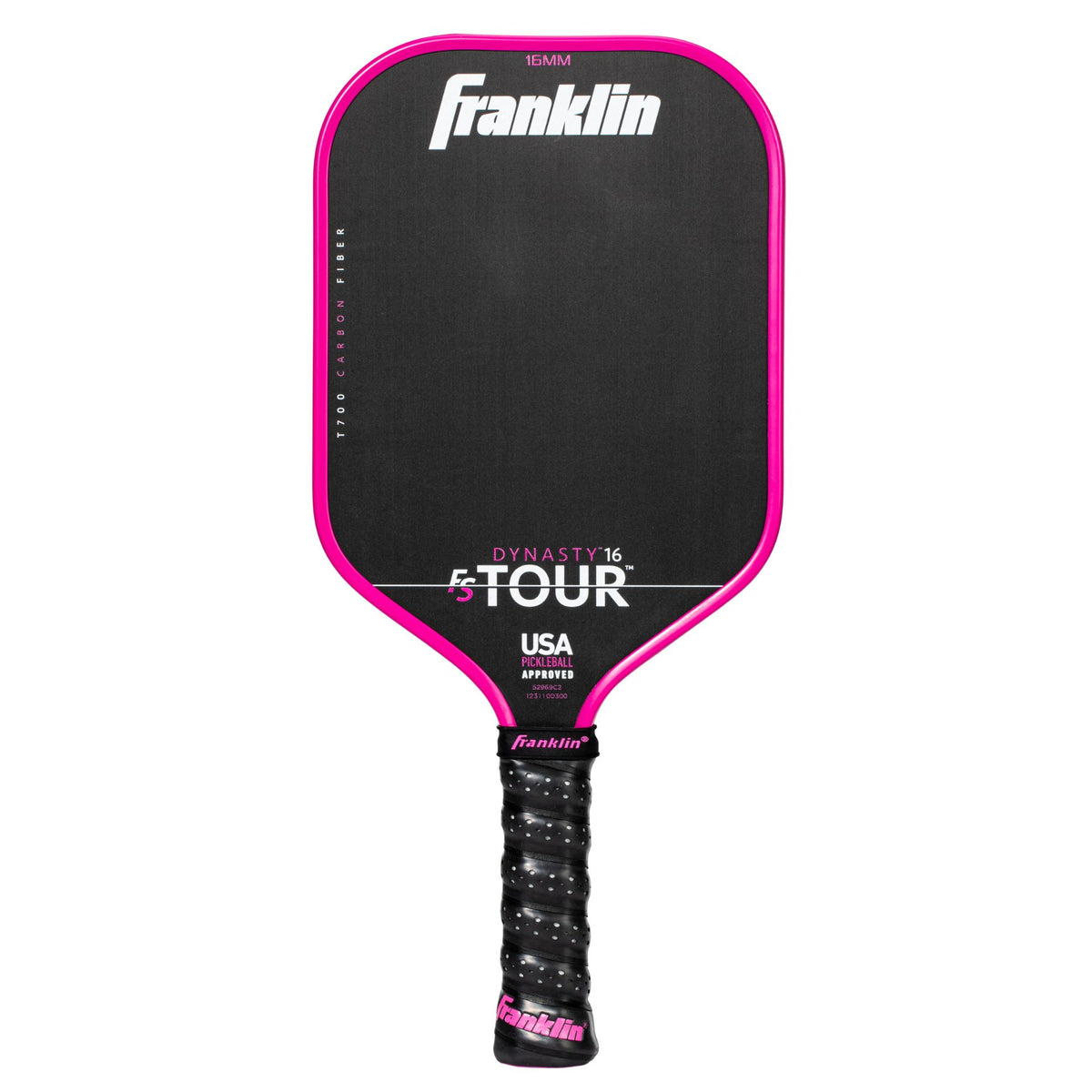 Franklin FS Tour Dynasty pickleball paddle with black and yellow design, sport grip, and logo on a white background.