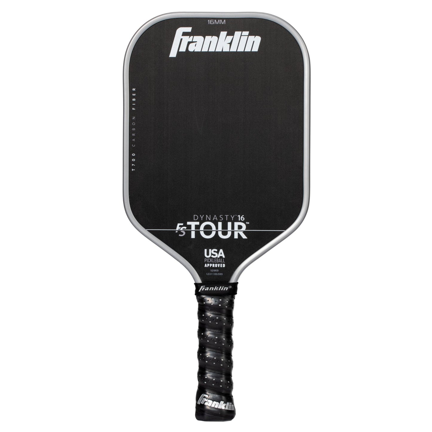 Franklin FS Tour Dynasty pickleball paddle with black and yellow design, sporting a sleek, ergonomic handle for competitive play