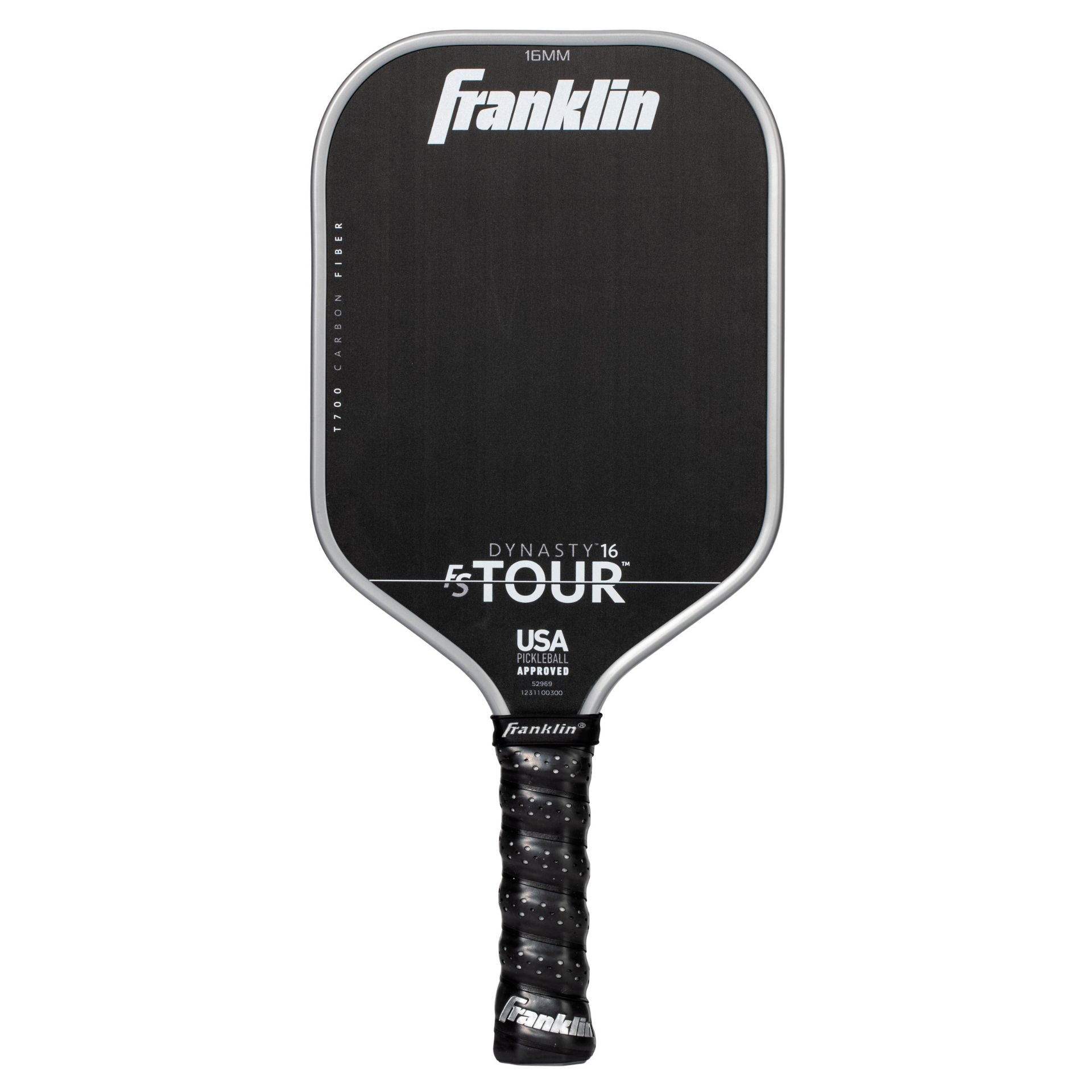 Franklin FS Tour Dynasty pickleball paddle with black and yellow design, sporting a sleek, ergonomic handle for competitive play