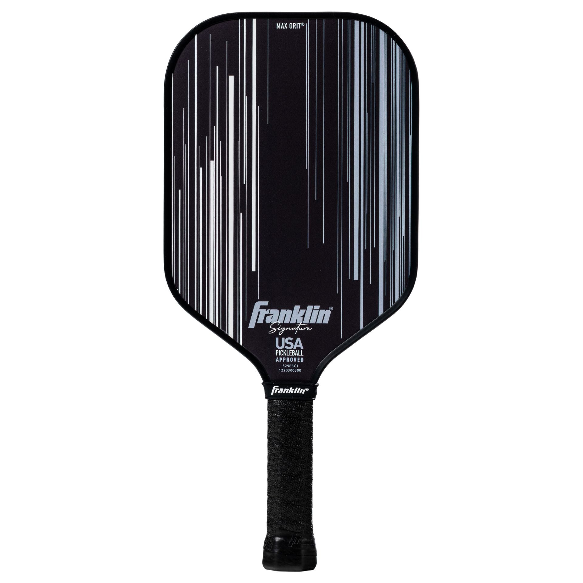 Franklin Signature Pro Series pickleball paddle with black and white design, sporting goods equipment for pickleball players.