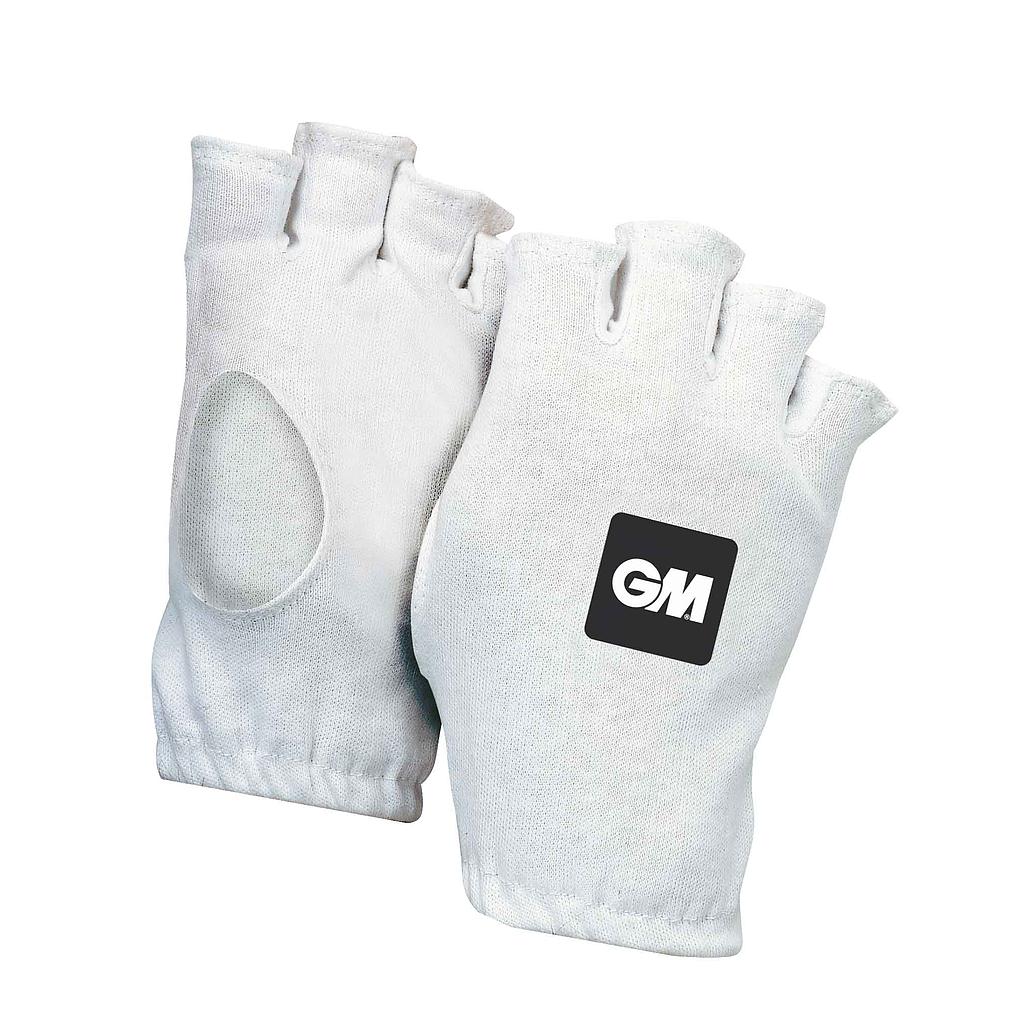 Gunn and Moore GM cotton fingerless batting glove inners for sporting goods, shown in white fabric with fingerless design.