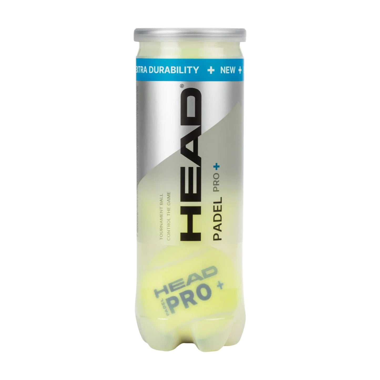 Tube of 3 Head Padel Pro+ tennis balls for padel tennis, with vibrant yellow balls in a clear plastic tube.