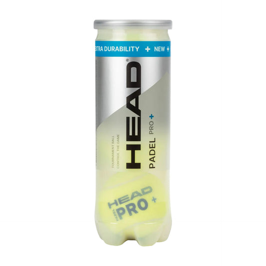 Tube of 3 Head Padel Pro+ tennis balls for padel tennis, with vibrant yellow balls in a clear plastic tube.