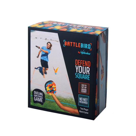 Wabora Battlebird 2-player backyard birdie game set, sporting goods with colorful bird-shaped game pieces on a grassy surface.