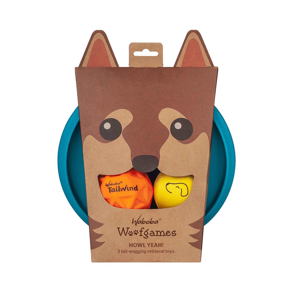 Waboba Woofpack set of 3 dog fetch toys for air, land, and water, made of durable sporting goods material for active dogs.
